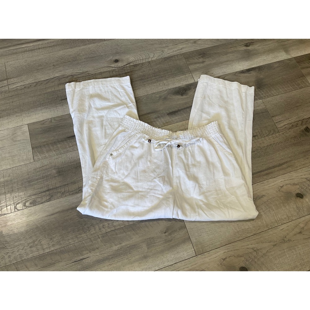 Beau Dawson White Linen Blend Wide Leg Smocked Waist Pants Petite XL‎